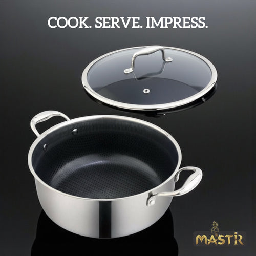 Mastir Stainless Steel Casserole/Stockpot with Glass Lid – Hybrid Honeycomb Nonstick, PFOA-Free & EU Approved – Induction, Oven & Dishwasher Safe Cooking Pot – 26/28 cm