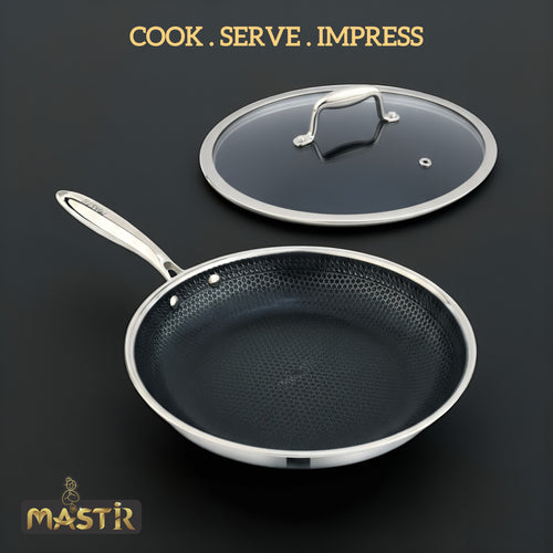 Mastir Stainless Steel Frypan with Lid – Hybrid Honeycomb Nonstick, PFOA-Free & EU Approved – Healthy Cooking Pan, Stay-Cool Handle, Induction & Oven Safe – 24/26/28 cm