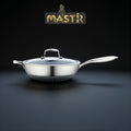 Mastir Stainless Steel Wok with Tempered Glass Lid – Hybrid Honeycomb Nonstick, PFOA-Free & EU Approved – One Long Handle + Helper Ear Handle, Induction & Oven Safe, Dishwasher Safe – 28/30 cm